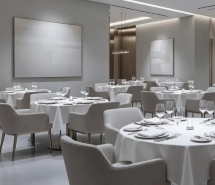 Nowoczesna, minimalistyczna przestrzeń restauracji przygotowana na wydarzenie firmowe