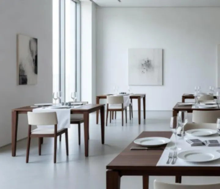 Minimalistyczna sala restauracyjna Nocastrelia w układzie galeryjnym