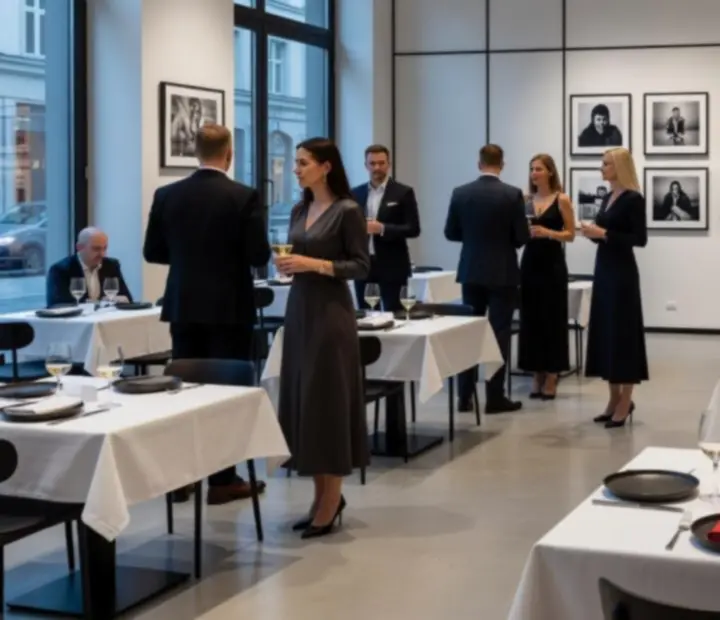 Scena prywatnego wieczoru w restauracji z minimalistyczną, galeryjną aranżacją