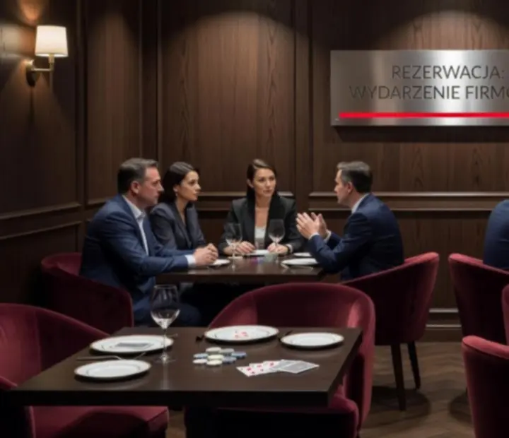 Goście biznesowi i prywatni przy eleganckich stołach w restauracji podczas wieczoru tematycznego